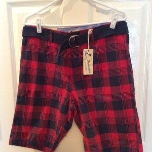 Islandia red and navy plaid belted shorts